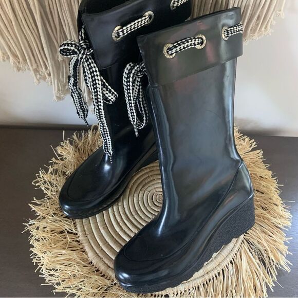 SPERRY Women’s Mid Calf Lace Fold Over Wedge Waterproof Rain Boots Black Size 7 - Picture 1 of 16